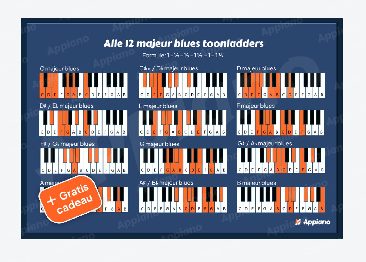 Blues toonladders overzicht poster majeur appiano