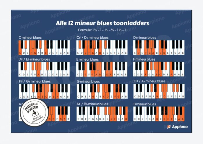 Alle 12 blues mineur toonladders overzicht – (digitaal HQ, printbaar)